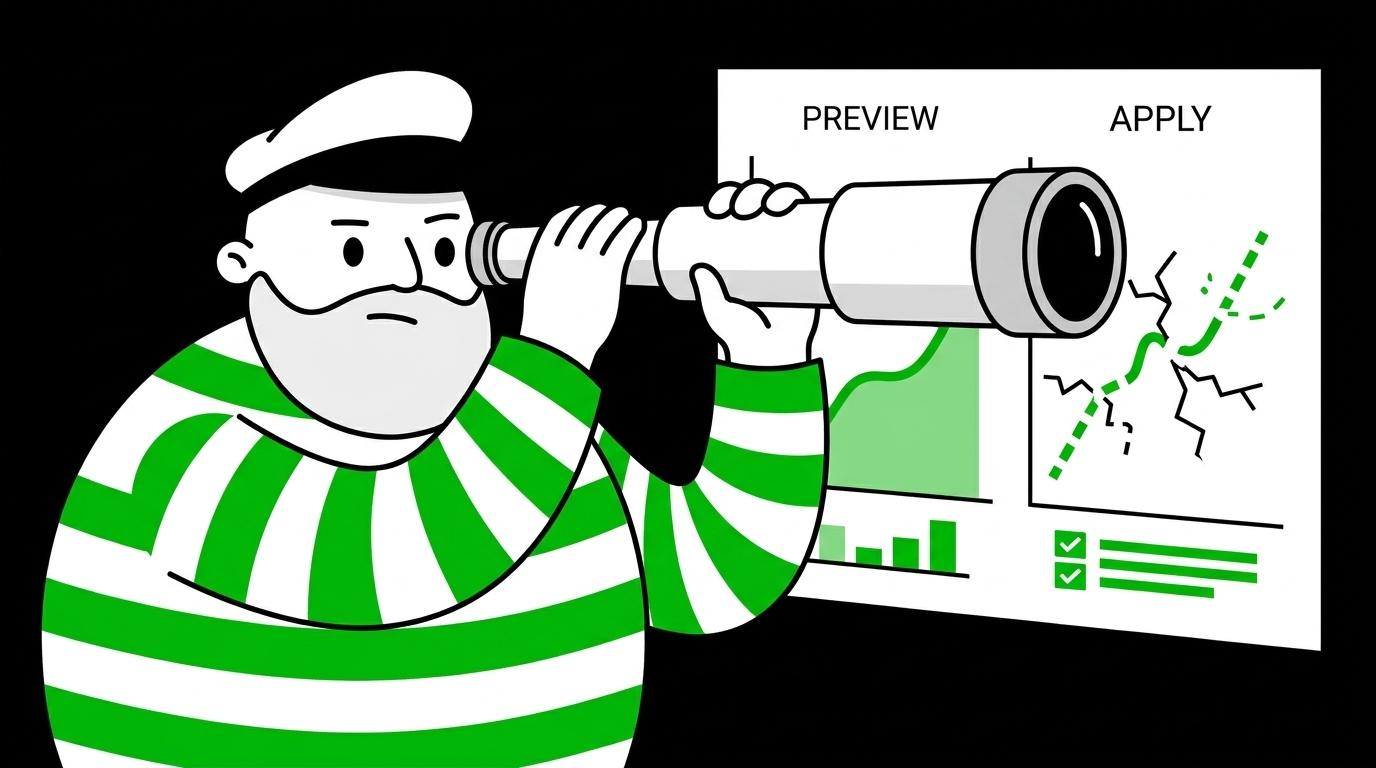 Editorial illustration showing infrastructure preview that fails at apply time
