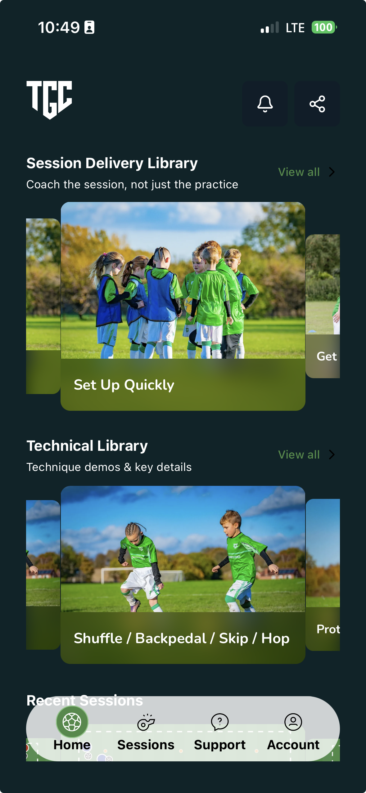 The Grassroots Coach session delivery library screen