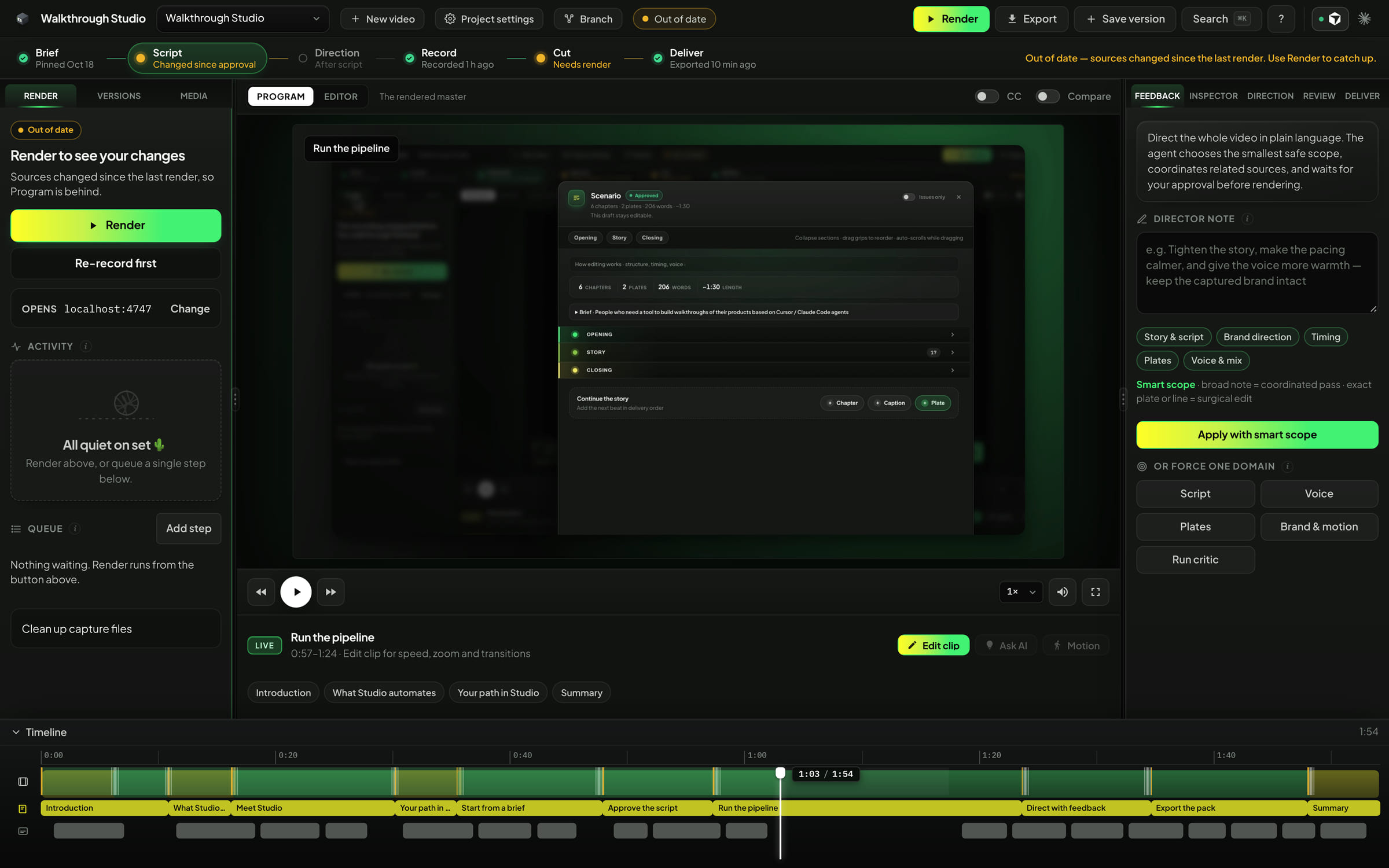 Program monitor on the recorded pipeline run