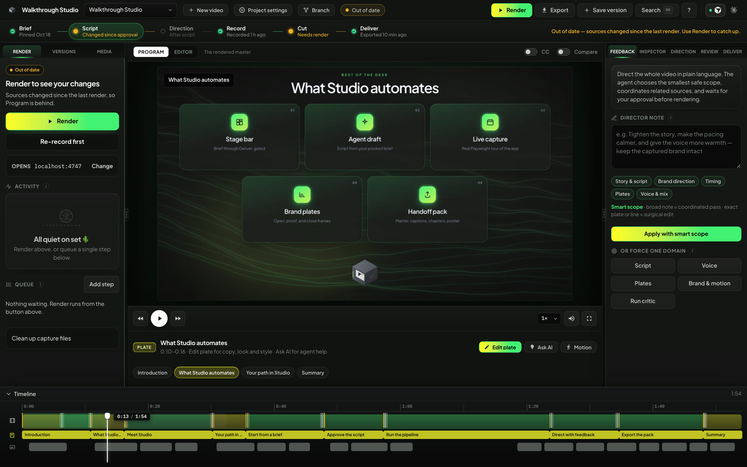 Walkthrough Studio desk: stage bar, render bay, the Program monitor on the capabilities plate, director note, and the timeline.